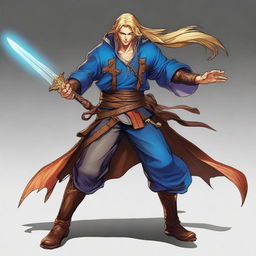 Depict a high-quality digital art image of a multi-class adventurer, a combination of a fighter, mage, and thief, with blonde hair