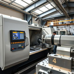 A highly detailed CNC lathe in a modern workshop environment, showcasing sleek metal parts being precisely shaped