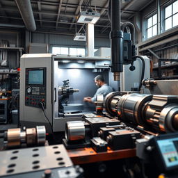 A highly detailed CNC lathe in a modern workshop environment, showcasing sleek metal parts being precisely shaped