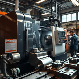 A highly detailed CNC lathe in a modern workshop environment, showcasing sleek metal parts being precisely shaped