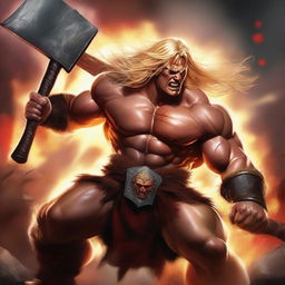 A high-quality digital art image portrays a raging barbarian with blonde hair and hazel eyes