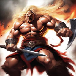 A high-quality digital art image portrays a raging barbarian with blonde hair and hazel eyes