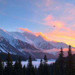 A majestic snowy mountain landscape at sunrise, featuring soft pink and orange hues in the sky reflecting on the pristine white snow