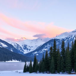 A majestic snowy mountain landscape at sunrise, featuring soft pink and orange hues in the sky reflecting on the pristine white snow