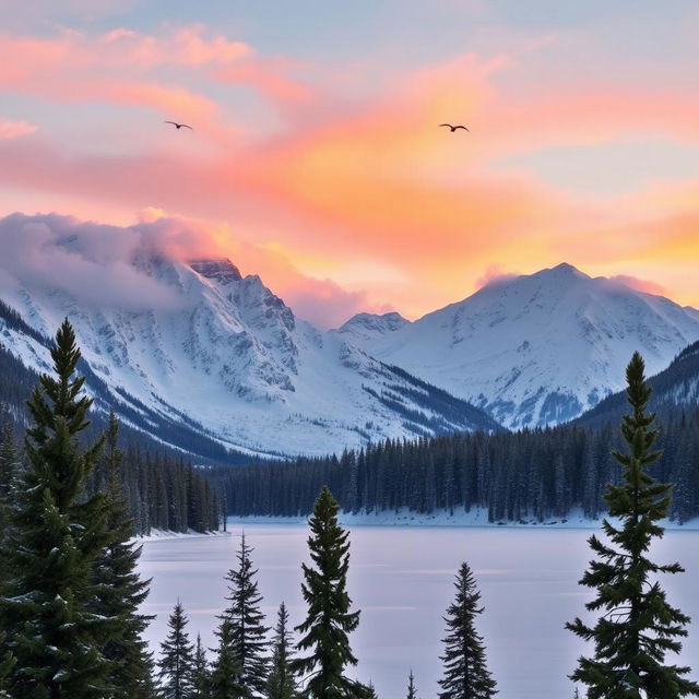 A majestic snowy mountain landscape at sunrise, featuring soft pink and orange hues in the sky reflecting on the pristine white snow