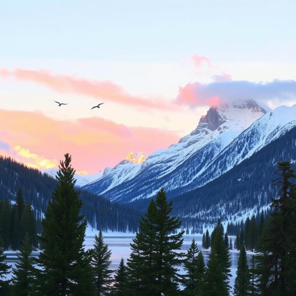 A majestic snowy mountain landscape at sunrise, featuring soft pink and orange hues in the sky reflecting on the pristine white snow