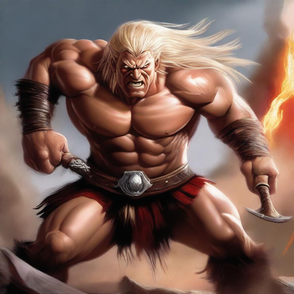 A high-quality digital art image portrays a raging barbarian with blonde hair and hazel eyes