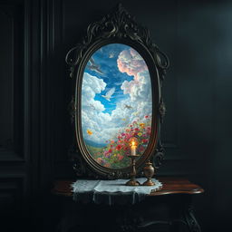 A surreal scene featuring an ornate, antique mirror with intricate carvings on the frame placed in a dimly lit, elegant room