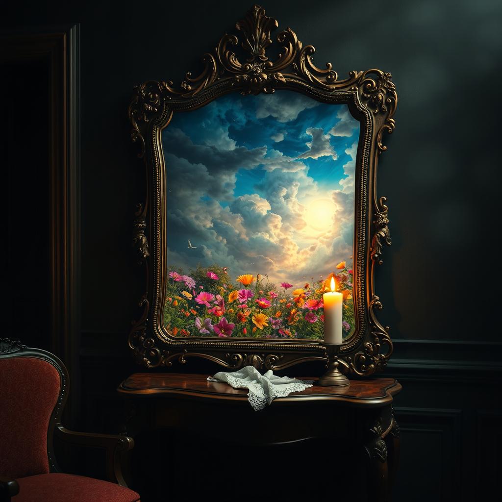 A surreal scene featuring an ornate, antique mirror with intricate carvings on the frame placed in a dimly lit, elegant room