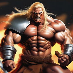 A high-quality digital art image portrays a raging barbarian with blonde hair and hazel eyes