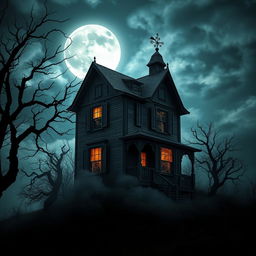 A spooky haunted house standing tall on a hill under a full moon, surrounded by dark, twisted trees