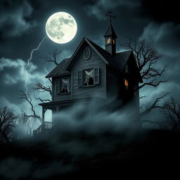 A spooky haunted house standing tall on a hill under a full moon, surrounded by dark, twisted trees