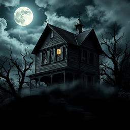 A spooky haunted house standing tall on a hill under a full moon, surrounded by dark, twisted trees