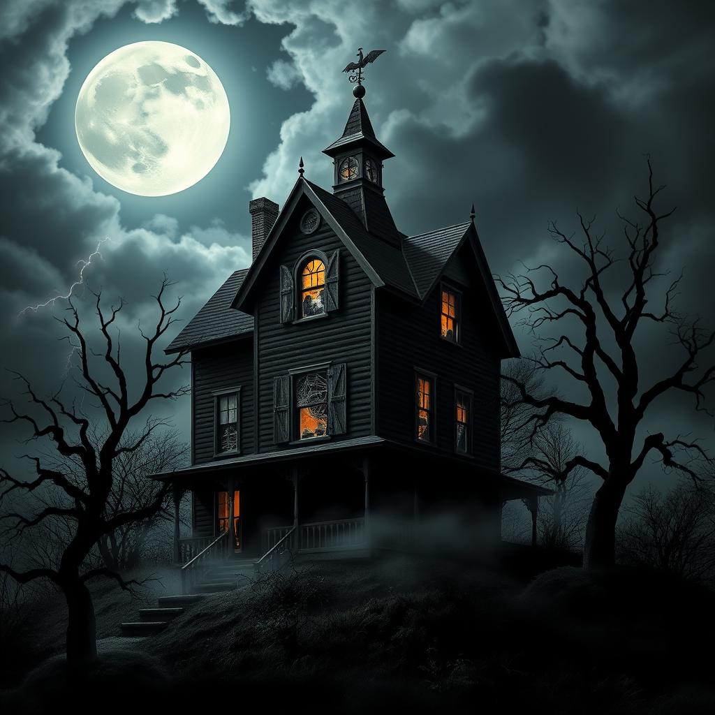 A spooky haunted house standing tall on a hill under a full moon, surrounded by dark, twisted trees