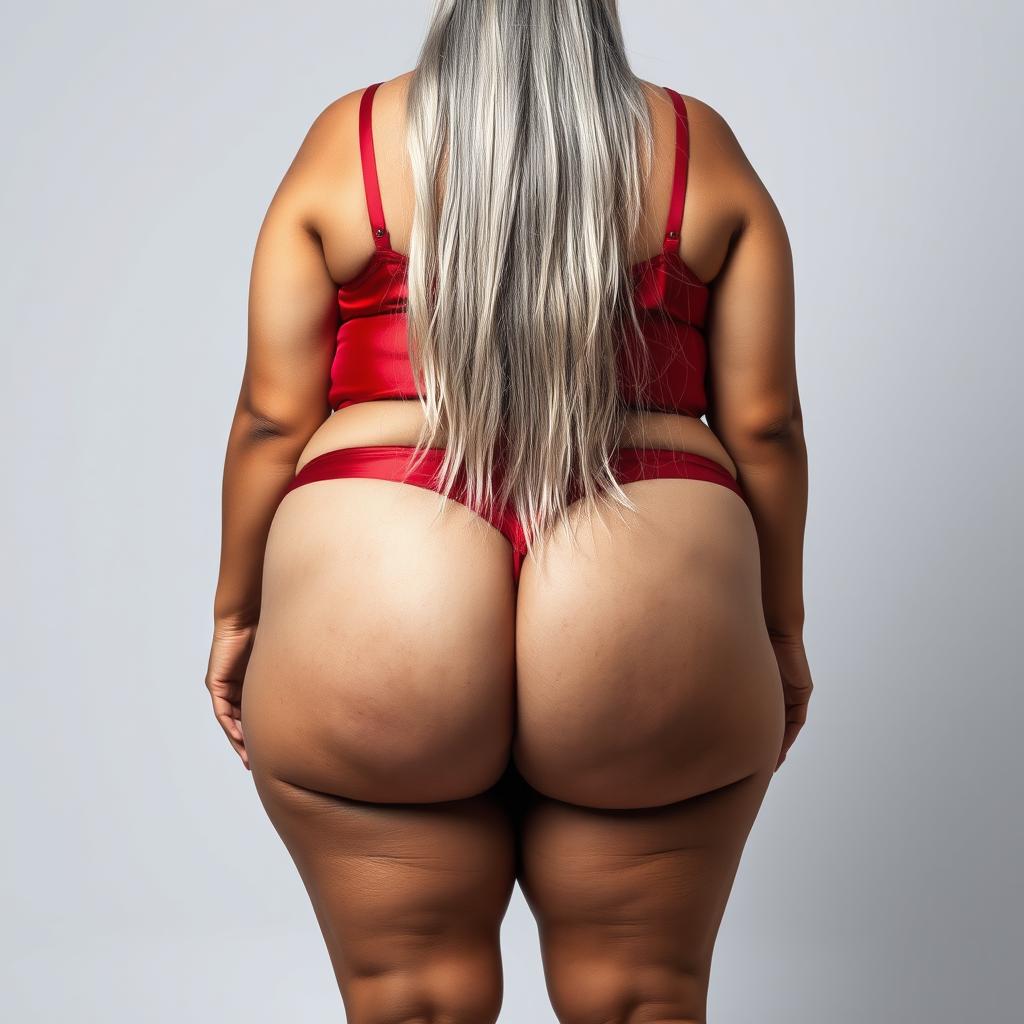 A full-body portrait of a 55-year-old Indian plus-size woman, confidently showcasing her backside