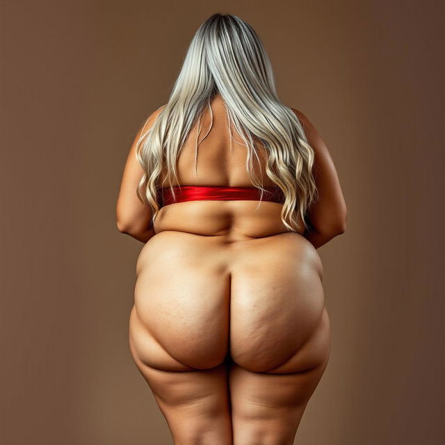 A full-body portrait of a 55-year-old Indian plus-size woman, confidently showcasing her backside