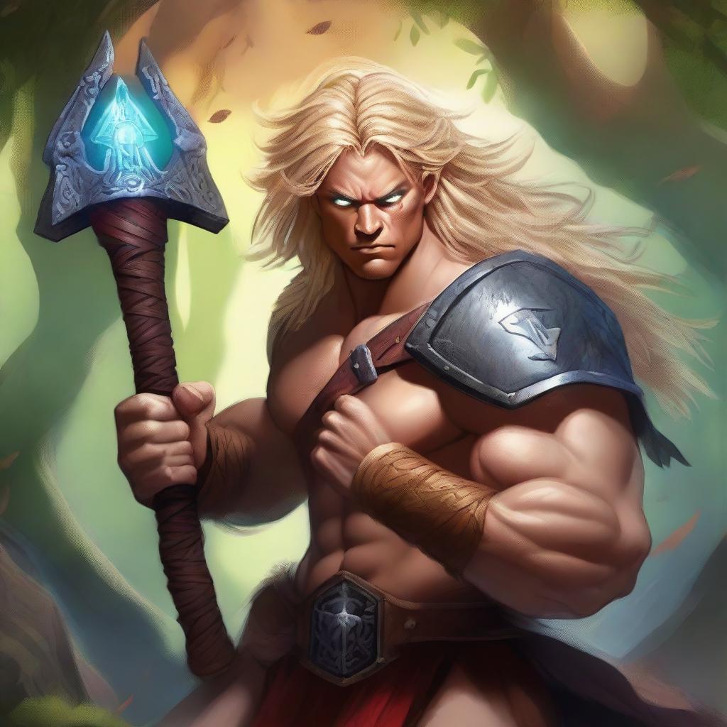 A high-quality digital art piece showcasing a blonde-haired, hazel-eyed barbarian