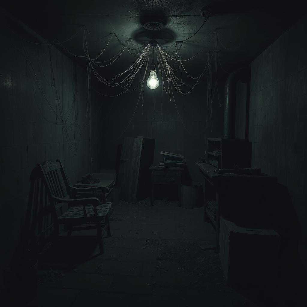 A dark, eerie basement filled with cobwebs and shadows