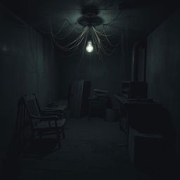 A dark, eerie basement filled with cobwebs and shadows