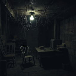 A dark, eerie basement filled with cobwebs and shadows