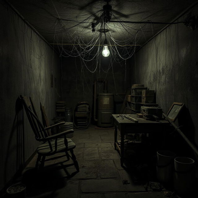 A dark, eerie basement filled with cobwebs and shadows