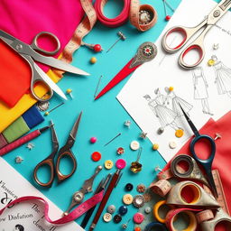 A vibrant and dynamic background featuring a variety of fashion utensils, including stylish sewing tools like scissors, measuring tapes, pins, and threads, arranged artistically amidst elegant fabric swatches, fashion sketches, and accessories like buttons and charming brooches