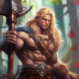 A high-quality digital art piece showcasing a blonde-haired, hazel-eyed barbarian