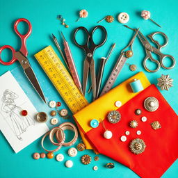 A vibrant and dynamic background featuring a variety of fashion utensils, including stylish sewing tools like scissors, measuring tapes, pins, and threads, arranged artistically amidst elegant fabric swatches, fashion sketches, and accessories like buttons and charming brooches