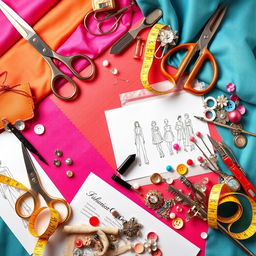 A vibrant and dynamic background featuring a variety of fashion utensils, including stylish sewing tools like scissors, measuring tapes, pins, and threads, arranged artistically amidst elegant fabric swatches, fashion sketches, and accessories like buttons and charming brooches