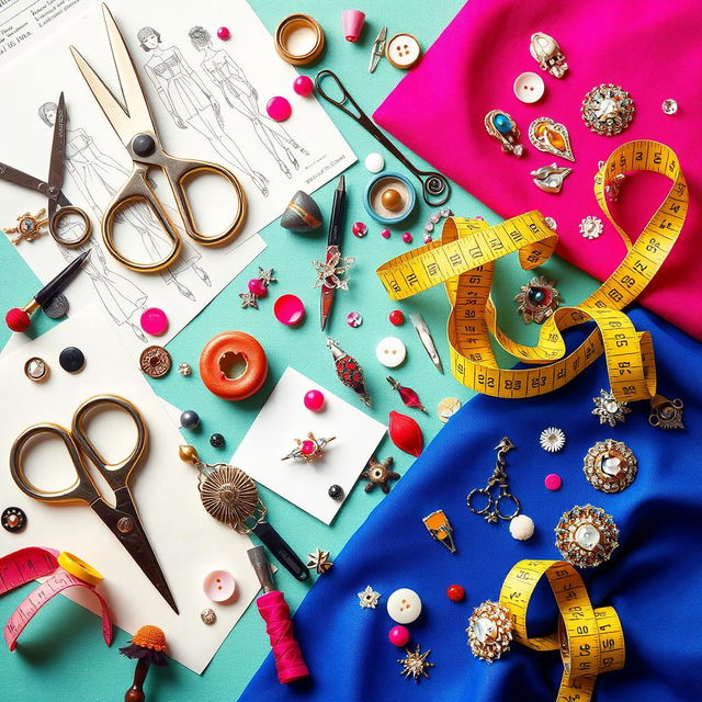 A vibrant and dynamic background featuring a variety of fashion utensils, including stylish sewing tools like scissors, measuring tapes, pins, and threads, arranged artistically amidst elegant fabric swatches, fashion sketches, and accessories like buttons and charming brooches