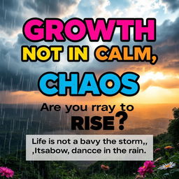 An engaging and motivational poster featuring the powerful hook: 'Growth happens not in calm, but in chaos