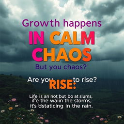 An engaging and motivational poster featuring the powerful hook: 'Growth happens not in calm, but in chaos