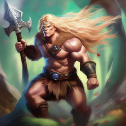 A high-quality digital art piece showcasing a blonde-haired, hazel-eyed barbarian