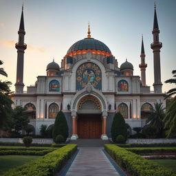An Abrahmic temple, showcasing a stunning blend of architectural styles common in Abrahamic faiths such as Judaism, Christianity, and Islam