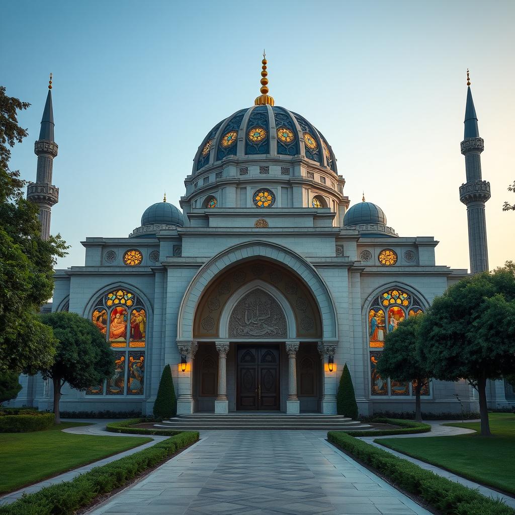 An Abrahmic temple, showcasing a stunning blend of architectural styles common in Abrahamic faiths such as Judaism, Christianity, and Islam