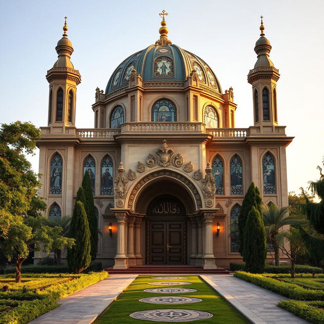 An Abrahmic temple, showcasing a stunning blend of architectural styles common in Abrahamic faiths such as Judaism, Christianity, and Islam