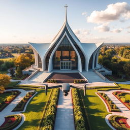 A stunning aerial view of a modern Abrahamic temple, showcasing its intricate architecture and beautifully designed grounds