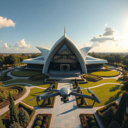 A stunning aerial view of a modern Abrahamic temple, showcasing its intricate architecture and beautifully designed grounds