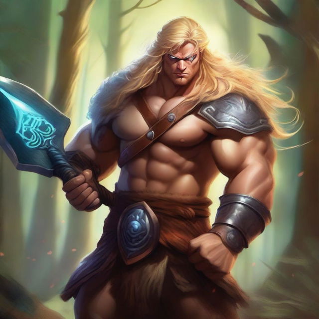 A high-quality digital art piece showcasing a blonde-haired, hazel-eyed barbarian