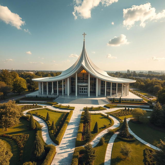 A stunning aerial view of a modern Abrahamic temple, showcasing its intricate architecture and beautifully designed grounds