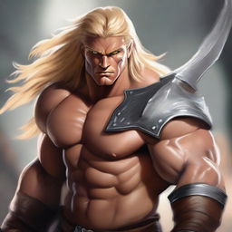 A high-quality digital art piece portraying a robust, blonde-haired barbarian with striking hazel eyes