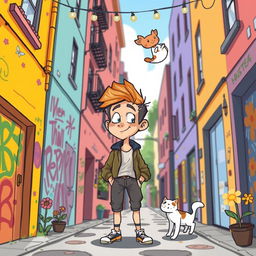 A cartoon-style illustration of a young man standing in the middle of a narrow alley