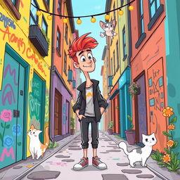 A cartoon-style illustration of a young man standing in the middle of a narrow alley