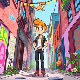A cartoon-style illustration of a young man standing in the middle of a narrow alley