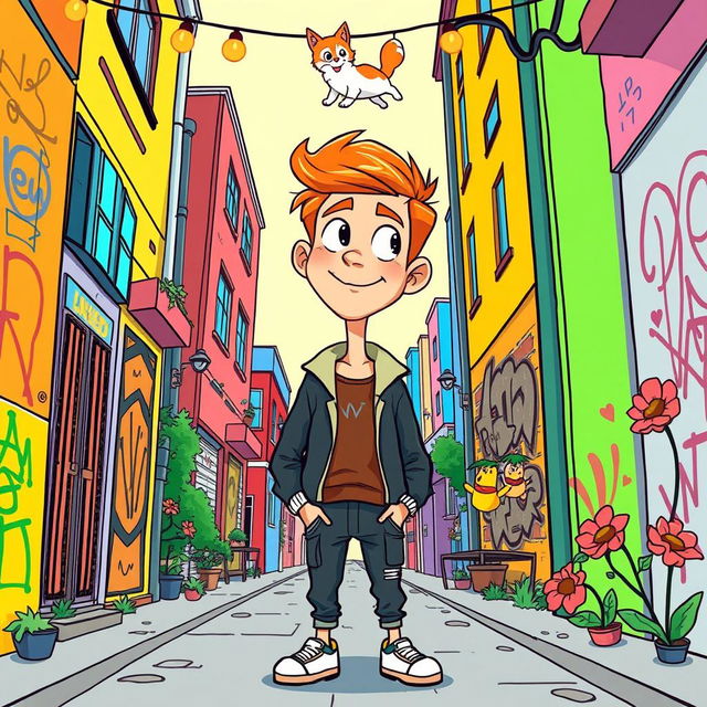 A cartoon-style illustration of a young man standing in the middle of a narrow alley