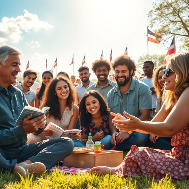 An inspiring scene depicting the ideals of life, liberty, and the security of the person, showcasing diverse humanity coming together in harmony