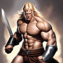 A high-quality digital art piece portraying a robust, blonde-haired barbarian with striking hazel eyes