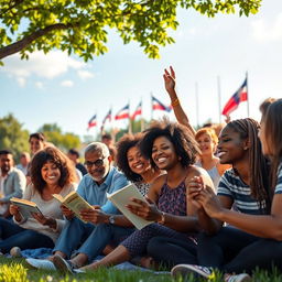 An inspiring scene depicting the ideals of life, liberty, and the security of the person, showcasing diverse humanity coming together in harmony