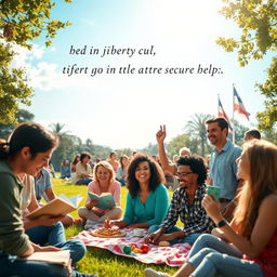 An inspiring scene depicting the ideals of life, liberty, and the security of the person, showcasing diverse humanity coming together in harmony