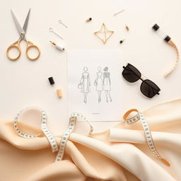 A stylish background featuring an assortment of fashion utensils in neutral colors such as beige, gold, black, and white